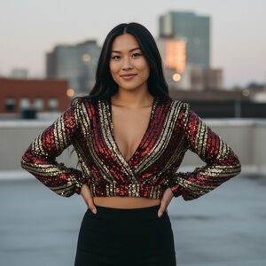 Multicolor Deep V Neck Stripe Red Glod Sequin Top
New